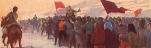 ロシアの革命家アレクサンドル・ケレンスキーを支持する群衆（カラーリトグラフ