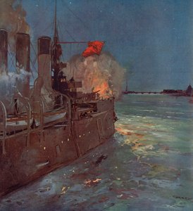 ロシアの巡洋艦オーロラがペトログラードの冬の宮殿を襲撃する合図の銃声を発する（ロシア革命、1917年10月25日）（カラーリトグラフ 作： (after) Carrey