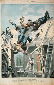 屋根から落ちる三人の男（「Le Petit Parisian」より） Fortune-Louis Meaulle（1844-1901）が1900年4月8日に彫ったもの（カラーリトグラフ）。
