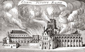 1666年の火災で焼失したイギリス・ロンドンの旧セントポール大聖堂（1925年発行の「A First Book of British History」より）（リトグラフ版 作： (after) English School
