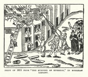 1613年、ボドリアン図書館所蔵の「The Burning of Tiverton」の版画（リトグラフ）。 作： (after) English School