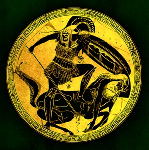 戦士とケンタウロス（J. E. Harrison and D. S. MacColl著『Greek Vase Paintings』（1894年刊）の挿絵）。 作： (after) English School