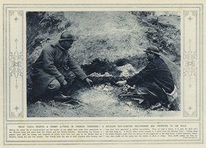 フランスの塹壕で 1 ペニーの価値があるネズミの尻尾! 下士官にトロフィーを届けるネズミ狩りの兵士 (白黒写真)