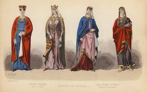 フランスのファッション：カペー朝の衣装1100年から1364年、カルロヴィング朝の衣装9世紀と10世紀（カラー版画） 作： (after) French School
