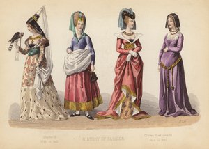 フランスのファッションシャルル6世1395年から1422年、シャルル7世とルイ11世1422年から1483年（カラー版画） 作： (after) French School