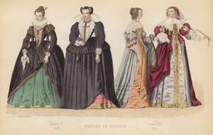 フランスのファッションアンリ4世1590年、ルイ13世1614年（カラー・エングレーヴィング） 作： (after) French School