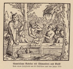 混浴温泉と饗宴と音楽（木版画） 作： (after) German School