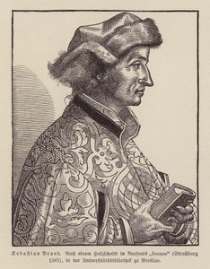セバスチャン・ブラント、ドイツ・ルネサンス期の人文主義者、風刺家。(木版画) 作： (after) German School