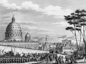 フランス革命。1798年2月、ルイ・アレクサンドル（Louis-Alexandre）・ベルティエ将軍に率いられたフランス人のイタリア・ローマへの凱旋入国は、2月11日に教皇領の国々に侵入し、ローマの街を占領した。 作： (after) Girardet
