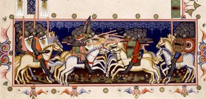 戦闘シーン (想像上の十字軍) - 1352 年のミニチュアに基づく「ナポリの聖霊騎士団の法令」 (聖霊騎士団) 作： (after) Italian School