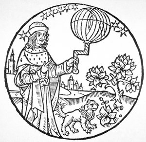 アリストテレス（紀元前384〜322年）の理想的な肖像画、「Aristoteles cum Leonardi Aretini Commentariis」（1516年、ヴェネツィア）の挿絵のコピー、19世紀後半に出版された「魔術の歴史」に使用された（木版画 作： (after) Italian School