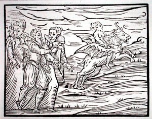 極悪非道なヤギにまたがる魔女。19世紀後半に出版された「魔術史」に使用された、ミラノのGuaccius氏による「Compendium Maleticarum」（1608年）の挿絵のコピー（木版）。 作： (after) Italian School