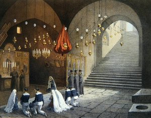 イズミル近郊エフェソスの聖母マリアの墓、コントル・アミラル・パリの「エルサレムの土産」の挿絵、バシェリエとジュール・ガイルドロー（1816-98）の彫刻（カラーリトグラフ）。