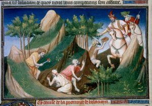バダフチャン王の命令によるシギナン山からのルビーの採取（ペルシャ地方 マルコ・ポーロ（1254-1324）の「不思議の書」（「世界の冒険」、「イル・ミリオーネ」）から引用されたミニチュアを、マスター・オブ・ザ・イヤーが描いたもの。 作： (and workshop) Boucicaut Master