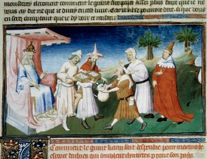 クビライ（クビライ・ハン、モンゴル元朝の初代皇帝（1215年～1294年））は、マルコ・ポーロの『不思議の書』（『世界の不思議』、『イル・ミリオーネ』）から引用したミニチュアのムリエ・バーク貨で買い物の支払いをしている。 作： (and workshop) Boucicaut Master