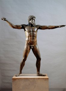 ギリシャ美術：アルテミシオン岬の神と呼ばれるブロンズ像 彫刻家カラミス（紀元前5世紀）の作とされる、紀元前460年、ディム。209 cm - アテネ、国立考古学博物館 (inv. 15161) - ギリシア文明：ゼウスまたはPの像（しばしば海からの神と呼ばれる）。 作： (attr. to) Kalamis