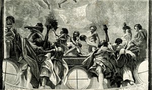 Assumption of Virgin, detail from fresco by Correggio (1489-1534), dome of Parma Cathedral, Emilia Romagna, Italy, woodcut from Le cento citta d