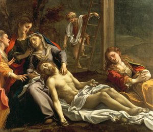 死んだキリストの嘆き、1524年頃、コレッジョとして知られるアントニオ・アッレグリ作（1489-1534年頃）、キャンバスに油彩