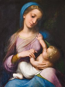 マドンナ・ウィズ・チャイルドまたはマドンナ・カンポリ（パネルに油彩） 作： (c.1489 1534) Correggio