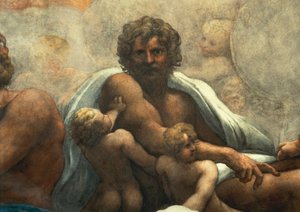 パトモスの聖ヨハネ伝道者のビジョン、使徒の間でのキリストの昇天、またはコレッジョとして知られるアントニオ・アッレグリによる栄光のキリスト（1489-ca 1534）、フレスコ画、ベースの直径966x888 cm、詳細、聖ヨハネ伝道者教会、ドーム、 パルマ 作： (c.1489 1534) Correggio