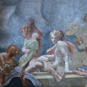アントニオ・アレグリ・ダ・コレッジョ（1489-1534）作、イタリア、パルマ大聖堂ドームのフレスコ画「思春期 作： (c.1489 1534) Correggio