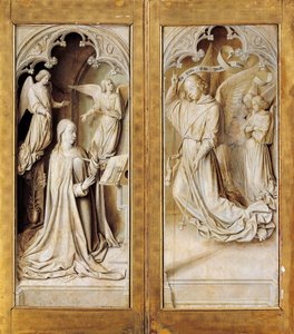 フランス、ムーランのノートルダム大聖堂にあるムーランの巨匠による三連祭壇画（1489-1502年頃）の外側の翼に描かれたグリザイユ（灰色の単色）の受胎告知。 作： （fl.c.1483 c.1529）ムーランの達人