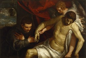 天使によって支えられ、フランシスコ会によって崇拝された死んだキリスト、1586-87年頃 作： Paolo Veronese