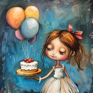 バースデーケーキと風船を持つ女の子、額入りキャンバスプリント 作： F. Abderrahim