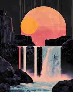 ミニマリストの滝、赤い夕日、フレーム付きポスター、オンラインキャンバスアートプリント 作： F. Abderrahim