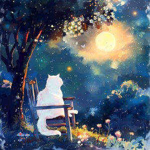 月明かりの下、古い木の椅子に座る白い猫。 作： F. Abderrahim