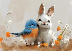 かわいい鳥とウサギのマンガの絵、オンデマンドでカスタムプリント、壁の寝室の装飾