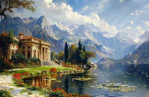 都市風景画 : 古代ギリシャ様式のヴィラと湖の壁の装飾 作： F. Abderrahim