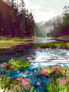 湖に隣接する森と山の美しい風景。 作： F. Abderrahim