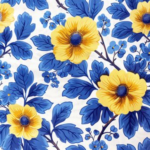 ブルーとイエローの花のブロックパターン モダンなウォールアートプリント 作： F. Abderrahim