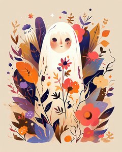 Boho wall art prints ：キュートなヴィンテージの花柄のゴースト、インテリアにどうぞ 作： F. Abderrahim