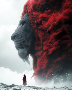 ライオンと人間：壁のアートプリントのための幻想的なポスターデザイン 作： F. Abderrahim