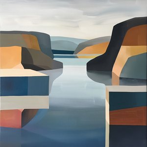ウォールアートプリント ：ミニマルな湖の風景をスタイリッシュなウォールアートに 作： F. Abderrahim