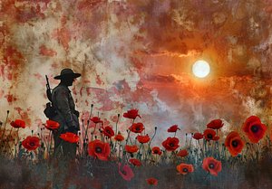 ポピーの花畑に兵士のシルエット