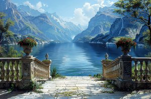 ウォールアートプリントバルコニーからの湖と自然の風景