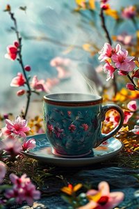 モダンな壁面アートのための、花で飾られたシュールなコーヒーカップ
