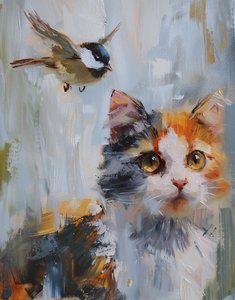抽象的な油絵 : オレンジとグレーのキャリーキャットと鳥の壁掛けアートプリント 作： F. Abderrahim