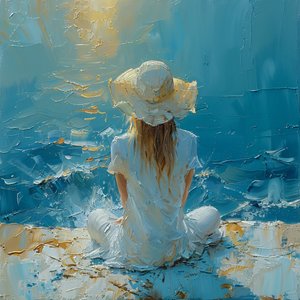 海風の中で抽象画の美しい少女｜壁アートプリント
