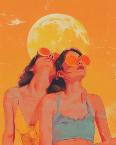 抽象的な肖像画：サングラスをかけた2人の女性と壁の芸術プリントの後ろの夕日 作： F. Abderrahim