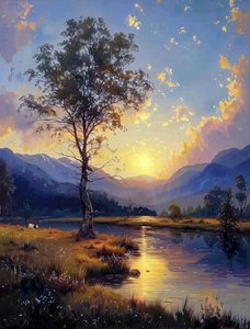 キャンバスのデジタル絵画の壁の装飾に夜になる夕日の美しさ 作： F. Abderrahim