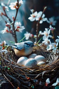 白い花に囲まれて抱卵する鳥（ポスタープリント 作： F. Abderrahim