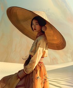 砂漠の上の黄色い着物を着た中国人女性｜アジア人物壁掛けアートプリント 作： F. Abderrahim