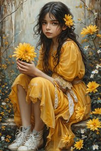 純真 風景の中で花を持つ美しい少女 自然と美のアートプリント 作： F. Abderrahim