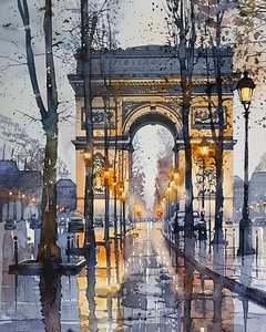 水彩画 : 冬のシャンゼリゼ・パリ｜壁掛けアートプリント 作： F. Abderrahim