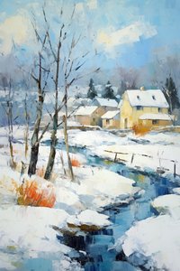 雪景色の村 油絵｜自然の壁掛けアートプリント