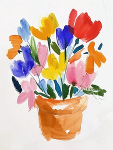 花瓶の中のカラフルな水彩画の花｜ボタニカルウォールアートプリント 作： F. Abderrahim